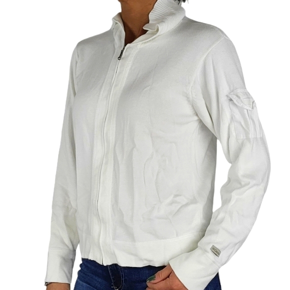 Columbia Cowl Neck Zip-Up Sweater Size Medium White Cargo Sleeve Pocket - Picture 3 of 5